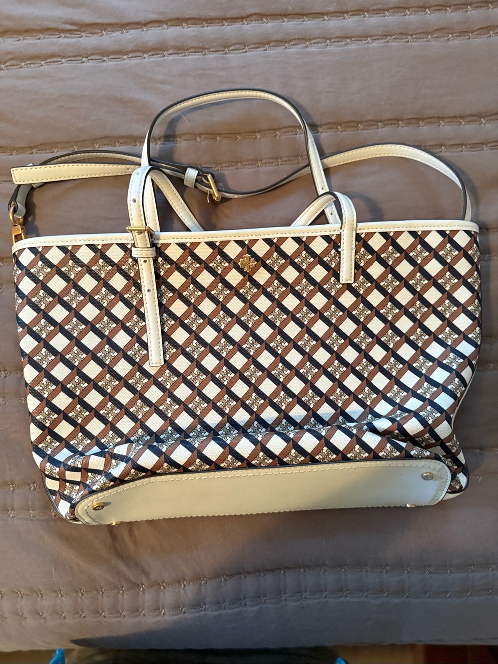 Tory Burch Navy, Brown and Cream Lattice Shoulder Bag - Picture 2 of 2